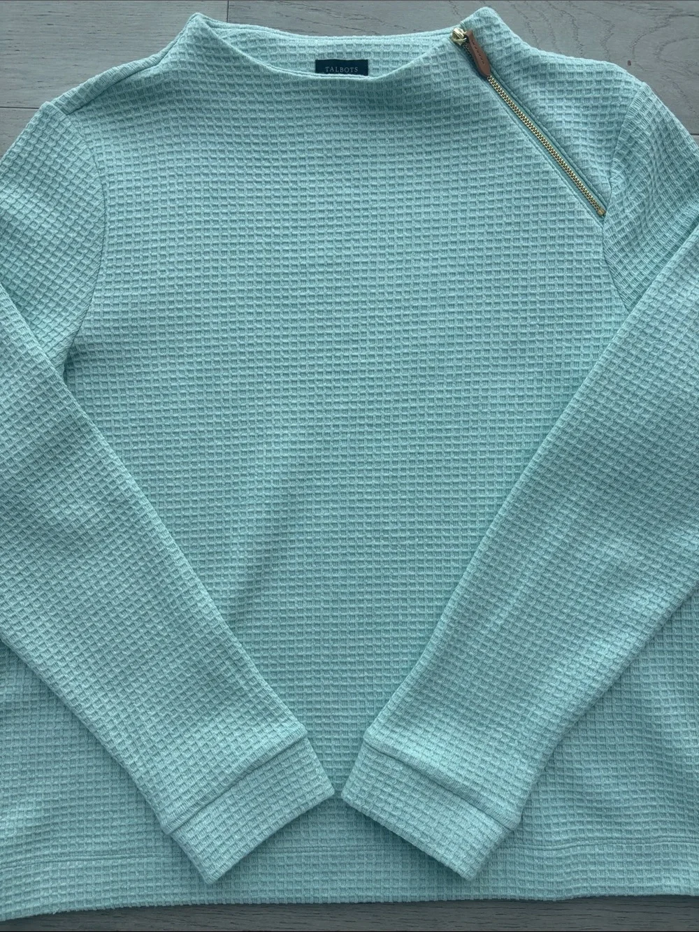 Talbots Zip Detail Funnel Neck Pullover Waffle Light Green Sweater Medium - Picture 2 of 7